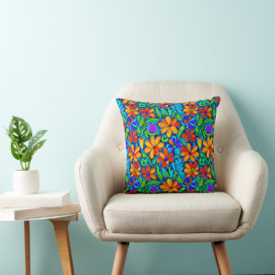 Bright Colourful Folk Art Flowers  Cushion