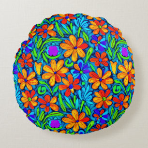Bright Colourful Folk Art Flowers Round Cushion