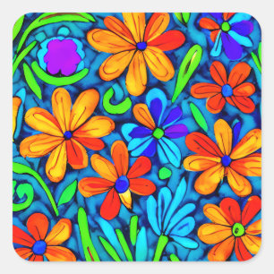 Bright Colourful Folk Art Flowers  Square Sticker