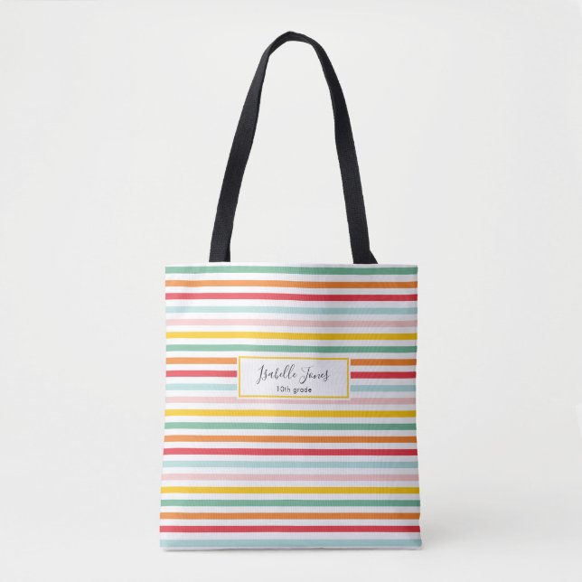 bright colourful fun rainbow stripe school college tote bag (Front)