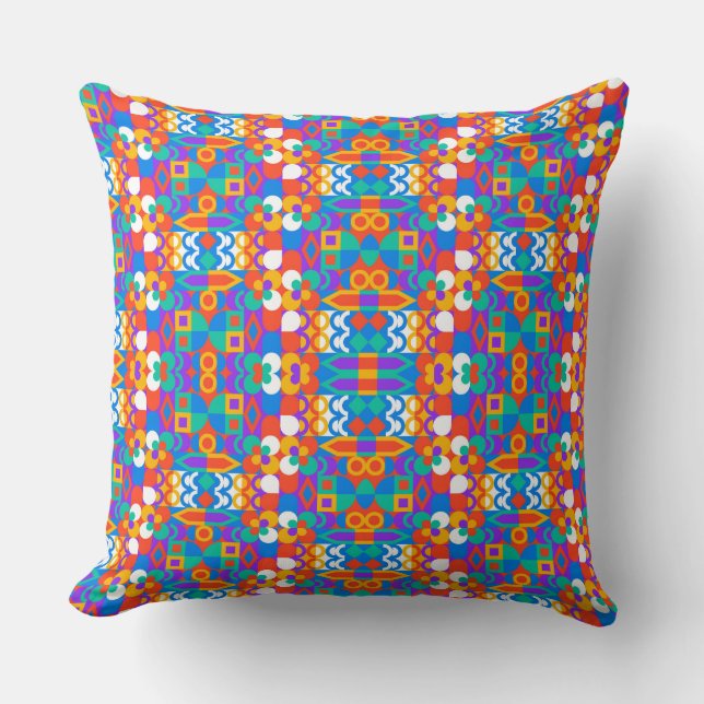 Bright, colourful geometric-patterned pillow  (Front)