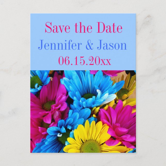 Bright Colourful Gerber Daisy Bouquet Save the Dat Announcement Postcard (Front)
