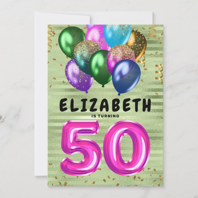Bright Colourful Glitter Balloons 50th Birthday Invitation (Front)