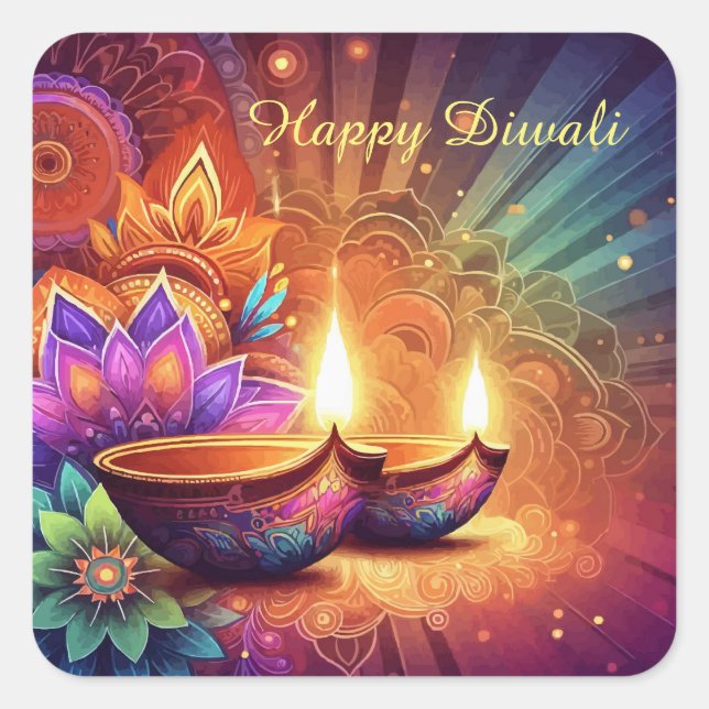 Bright & Colourful Happy Diwali Festival of Light Square Sticker (Front)