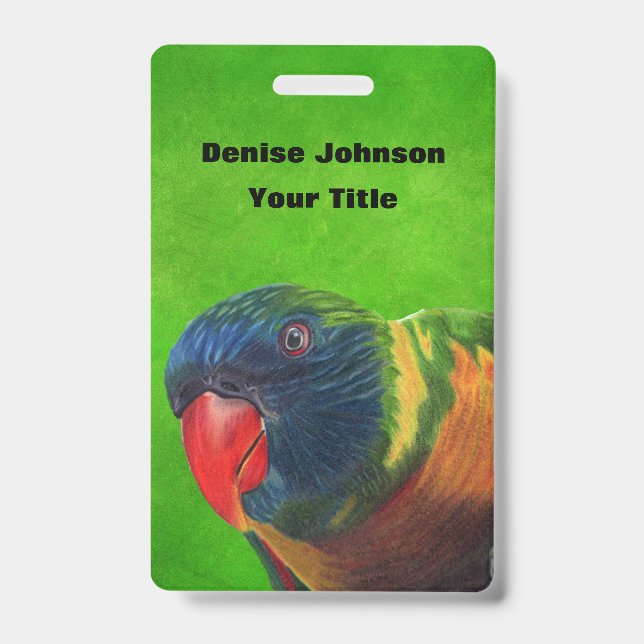 Bright Colourful Head of Macaw Parrot on Green ID Badge (Front)
