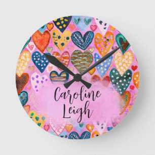 Bright Colourful Hearts Personalised Nursery Round Clock