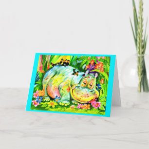 bright colourful hippopotamus and birds card