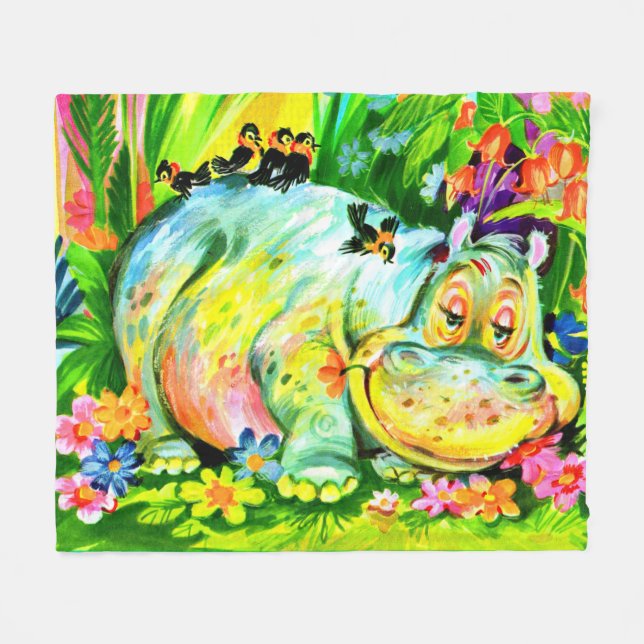 bright colourful hippopotamus and birds fleece blanket (Front (Horizontal))
