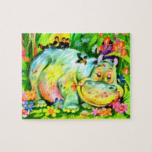 bright colourful hippopotamus and birds jigsaw puzzle