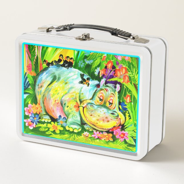 bright colourful hippopotamus and birds metal lunch box (Front)