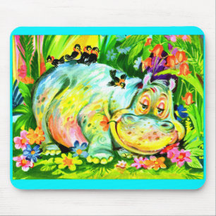 bright colourful hippopotamus and birds mouse mat