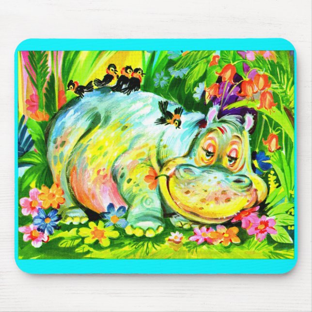 bright colourful hippopotamus and birds mouse mat (Front)