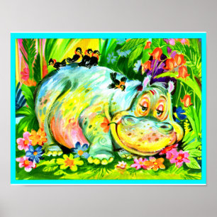 bright colourful hippopotamus and birds poster