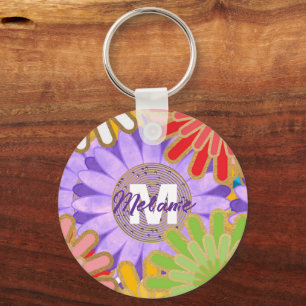Bright Colourful Hippy Flower Pattern Personalised Key Ring