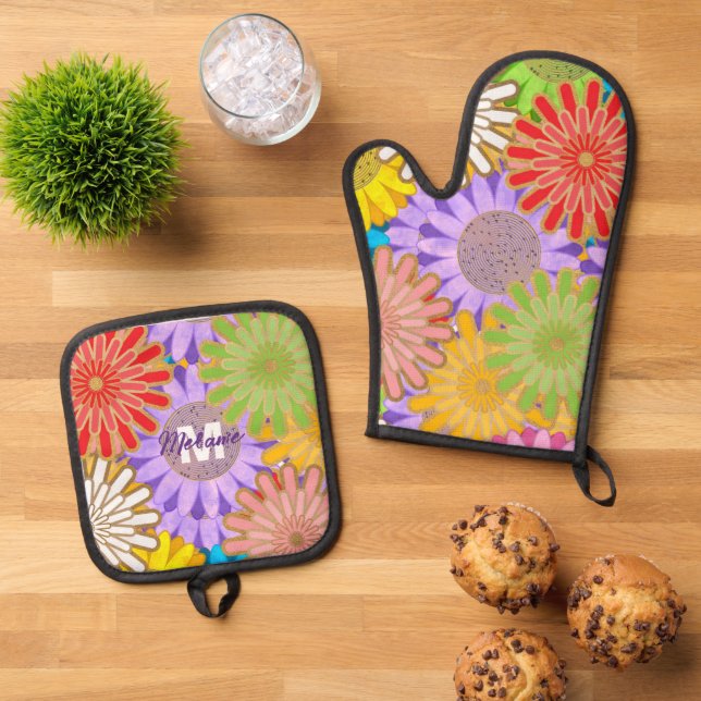 Bright Colourful Hippy Flower Pattern Personalised Oven Mitt & Pot Holder Set (Top Down)
