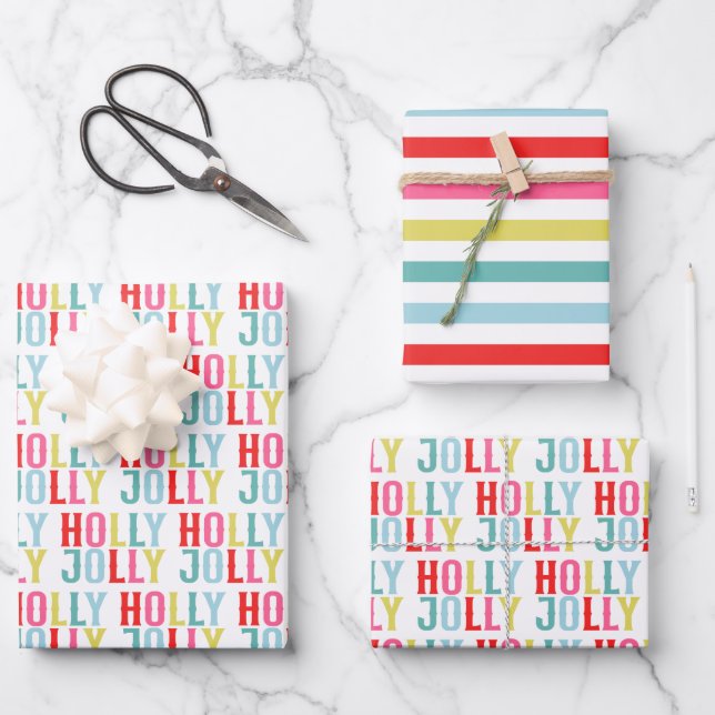 Bright Colourful Holly Jolly Holiday  Wrapping Paper Sheet (Front)
