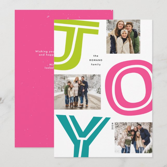 Bright colourful JOY fun three photo Christmas Holiday Card (Front/Back)