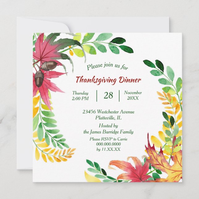 Bright Colourful Leaf Frame Thanksgiving Dinner Invitation (Front)