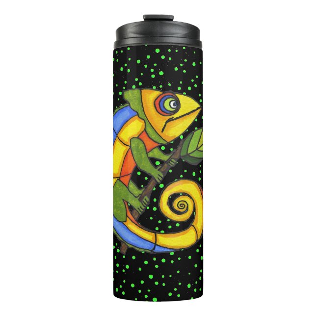 Bright Colourful Lizard Holding Branch Polka Dots Thermal Tumbler (Front)