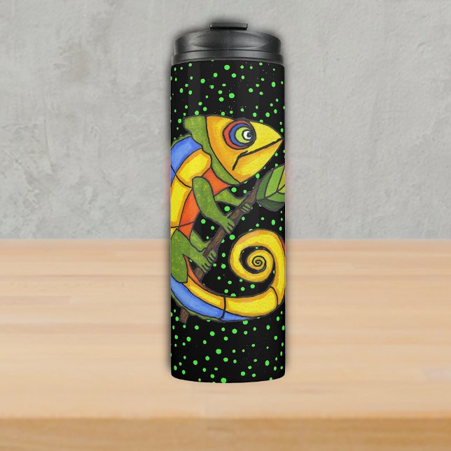 Bright Colourful Lizard Holding Branch Polka Dots Thermal Tumbler (Brightly coloured fantasy lizard holding stick green leaf green polka dots on black thermal tumbler.)