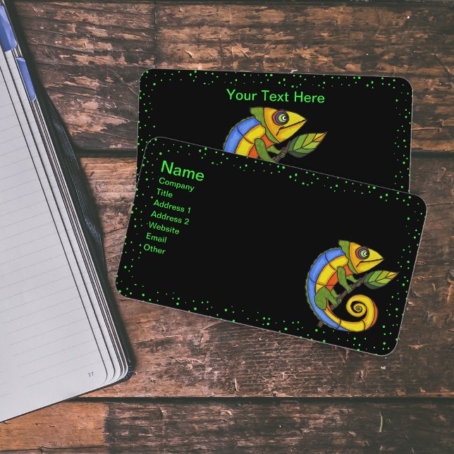 Bright Colourful Lizard on Branch Green Dot Border Business Card (Colourful fantasy lizard in blue, green,orange, yellow on leaf green dots black business cards.)