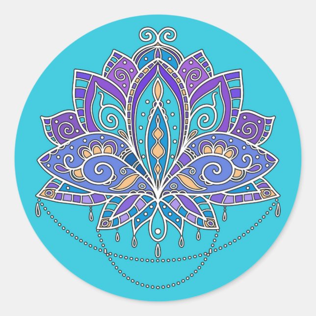 Bright Colourful Lotus flower on blue teal Classic Round Sticker (Front)