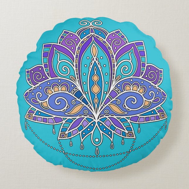 Bright Colourful Lotus flower on blue teal Round Cushion (Front)