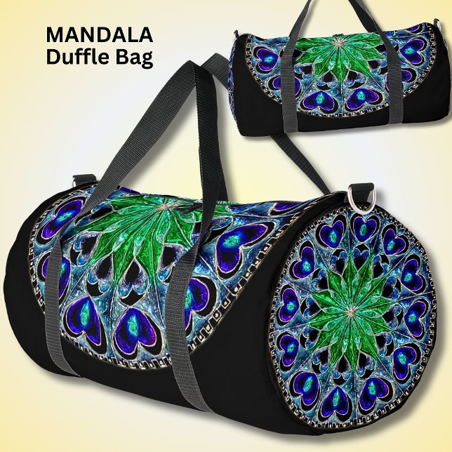 Bright Colourful Mandala Green Blue Hearts Duffle Bag (Creator Uploaded)