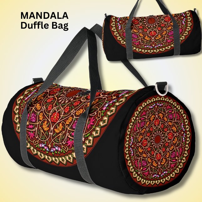 Bright Colourful Mandala Red Gold on Black Duffle Bag (Creator Uploaded)