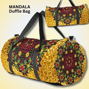 Bright Colourful Mandala Red Green on Gold Duffle Bag