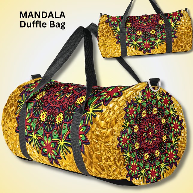 Bright Colourful Mandala Red Green on Gold Duffle Bag (Creator Uploaded)