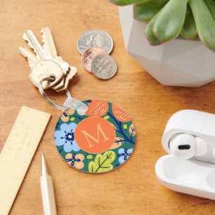 Bright Colourful Modern Floral Pattern Monogrammed Key Ring