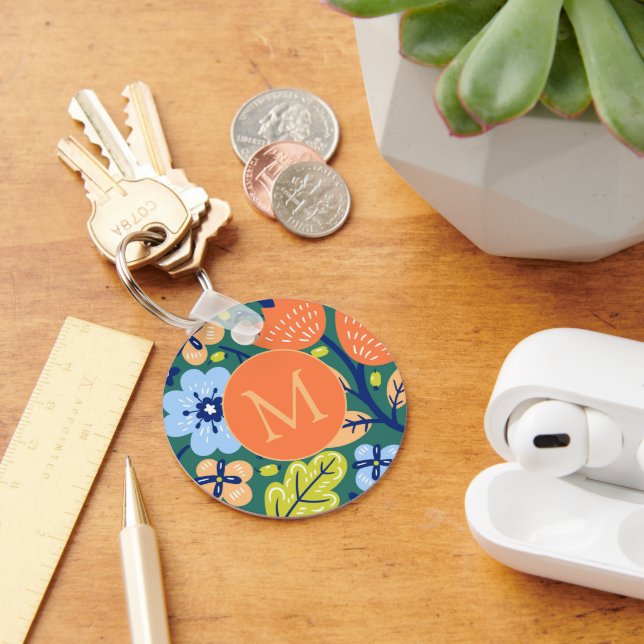Bright Colourful Modern Floral Pattern Monogrammed Key Ring (Desk)