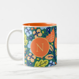 Bright Colourful Modern Floral Pattern Monogrammed Two-Tone Coffee Mug