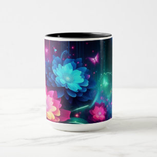 Bright, colourful neon flowers/butterflies mug