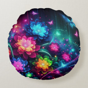 Bright, colourful neon flowers/butterflies round cushion