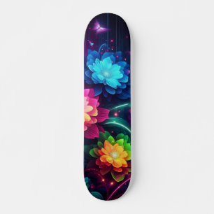 Bright, colourful neon flowers/butterflies skateboard