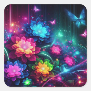 Bright, colourful neon flowers/butterflies square sticker