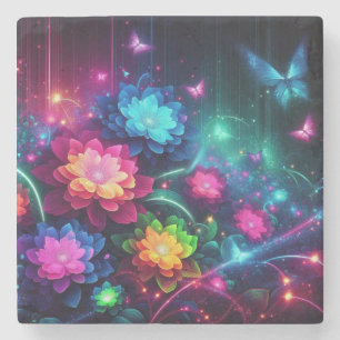 Bright, colourful neon flowers/butterflies stone coaster