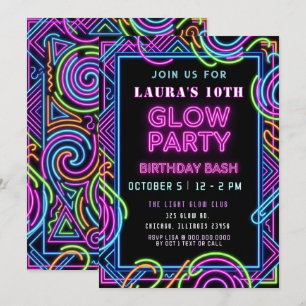 Bright Colourful Neon Glow Party Birthday Invitation