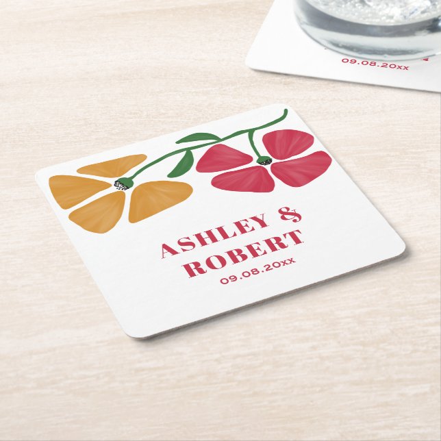 Bright & Colourful Nouveau Floral Wedding Receptio Square Paper Coaster (Angled)