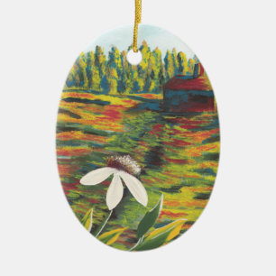 Bright Colourful Painting of Flower in Meadow Ceramic Tree Decoration