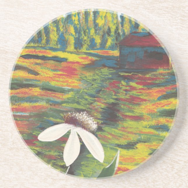 Bright Colourful Painting of Flower in Meadow Coaster (Front)
