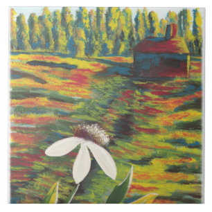 Bright Colourful Painting of Flower in Meadow Tile