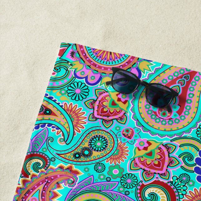 Bright Colourful Paisley Pattern Beach Towel (In Situ)