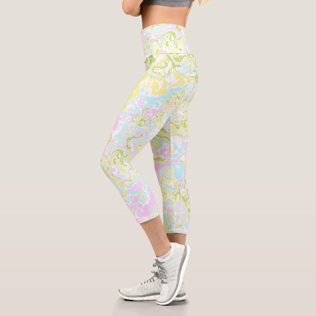 Bright Colourful Pastel Trippy Retro Boho Marble Capri Leggings (Left)