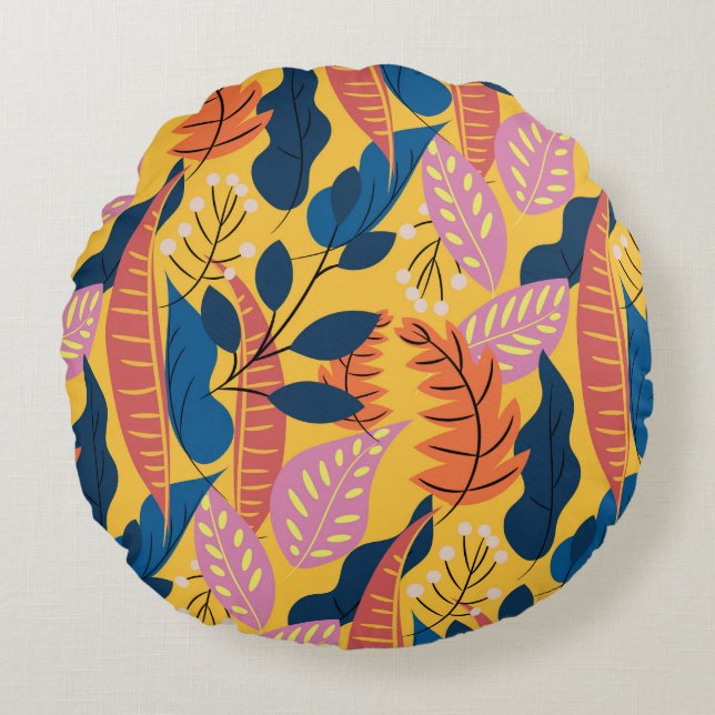 Bright colourful pattern with tropical leaves,  be round cushion (Front)