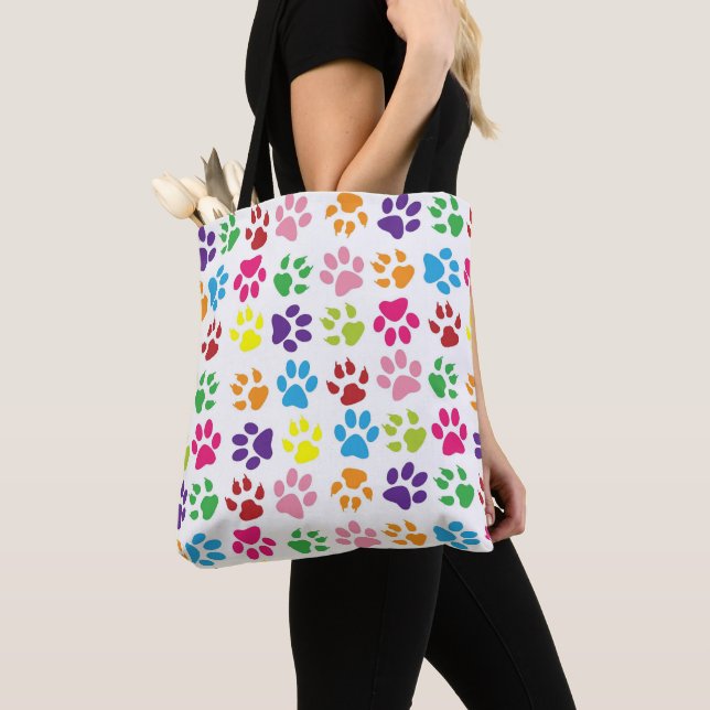 Bright Colourful Paw Prints Pattern Tote Bag (Close Up)