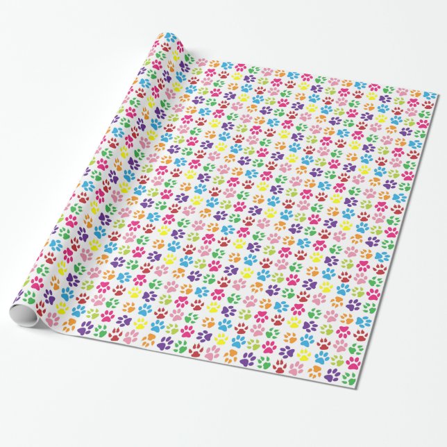 Bright Colourful Paw Prints Pattern Wrapping Paper (Unrolled)