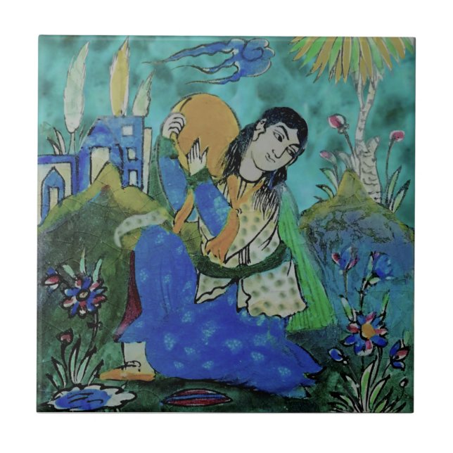 Bright Colourful Persian Qajar Percussionist Repro Tile (Front)